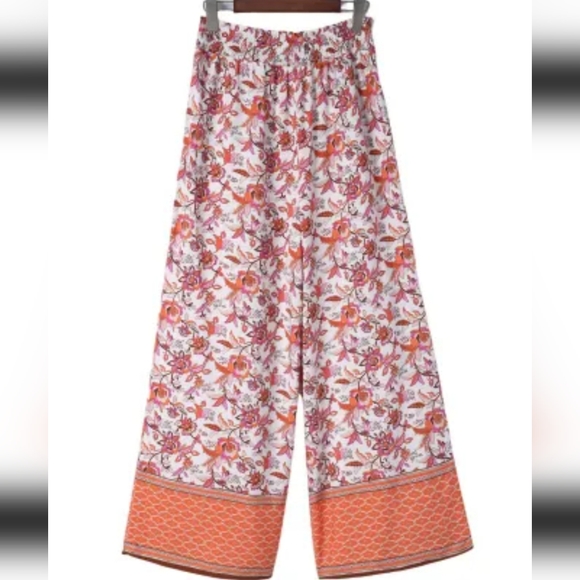 Red Floral Print Shirred High Waist Wide Leg Pants! - Picture 2 of 7